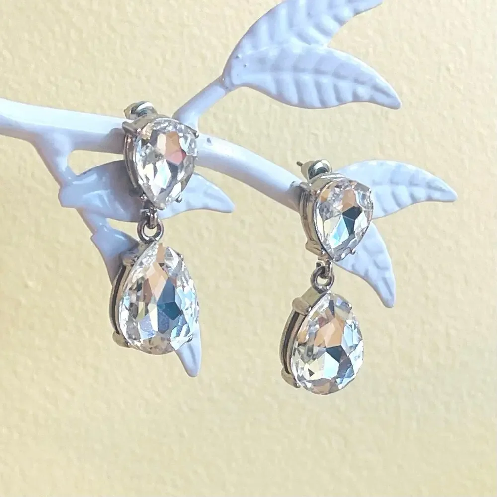 Clear Rhinestone Teardrop Pierced EARRINGS Dangle Drop Hollywood Glam Formal